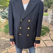Vintage US Navy Officer Coat Jacket Double Breasted Wool Gold Buttons USA Sz 48 picture