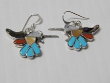 VINTAGE ZUNI INDIAN STERLING SILVER TURQUOISE CORAL SHELL HUMMINGBIRD EARRINGS picture