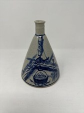Antique Japanese Tokkuri Saki Ceramic Bottle Blue White Vase Signed by Artist picture