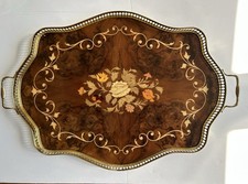 VTG Italian Marquetry Wood Floral Inlay Brass Handle Tea Vanity Serving Tray 21” picture