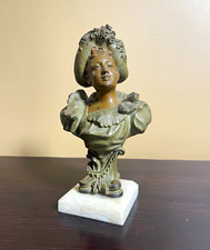 Antique Art Nouveau Spelter Lady Bust Alabaster Base c1900 Floral Hat 9” picture