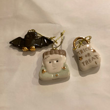 Halloween Lenox Ceramic Mini Ornaments (3 ) Bat Frankenstein Treat Bag picture
