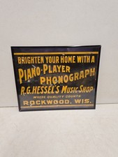 Antique Piano Player Phonograph RG Hessel Rockwood WI Advertising Embossed Sign picture