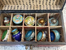 Fabulous Vintage Miniature Cloisonné set of 10 With Leather Box. 10 Pieces picture