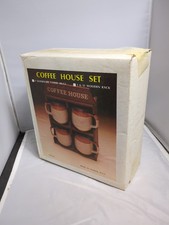 NEW Old Stock Vintage Interpur Wooden Coffee House Rack with 4 Stoneware Mugs picture