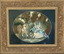 Antique English Silk Embroidery 18th C: Lady, Gentlemen & Boy. Framed picture