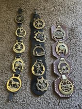 Vintage Horse Brass Harness Medallions (14)  on Leather Straps (3) picture