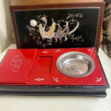 Vintage Oriental Smokers Box Mahogany W/mother Of Pearl Inlay, silver Ash Tray picture