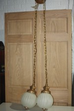 Vintage MCM Hollywood Regency Faux Brass Two Light Glass Pendant Light Fixture picture
