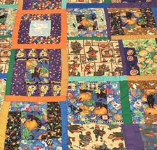 VTG Hand-Stitched Halloween patchwork throw quilt cotton. Excellent condition. picture