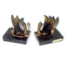 Vintage French Art Deco Swan Bookends Marble Spelter L.C. St-Etienne 1930s picture