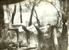 1970s Three Men Karate Kick Martial Arts Forest Soviet Vtg Snapshot Photo B&W picture