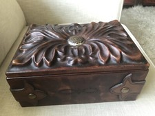 1 Of A Kind. Hand Carved Wood Box/Jewelry/Trinkets Covered in Leather. New picture