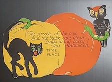 Vintage Halloween Invitation 1930s Beistle Postcard Black Cat Owl Pumpkin picture