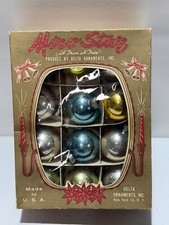 VINTAGE MIRO STAR 12 GLASS CHRISTMAS ORNAMENTS ORIGINAL BOX MIXED BLUE SILVER picture