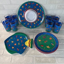 Vintage 1992 Leahy Designs Set Plastic Fish Glasses Plates Serving Dishes RARE picture