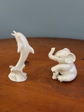 Vintage Lenox Ivory Porcelain Dolphin Riding Wave & Elephant Gold Trim Figurines picture