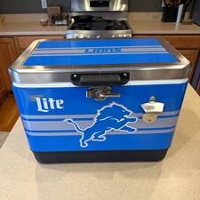 Miller Lite Detroit Lions Blue Metal Cooler Ice Chest with Bottle Opener picture