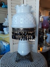 Hurricane MILK HOBNAIL Lamp Extraordinary Gorgeous BLACK CRYSTAL  GLASS PRISMS picture