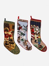 Lot Of 3 VTG SFERRA Style Needlepoint Christmas Stockings, Velvet, Santa,Snowman picture