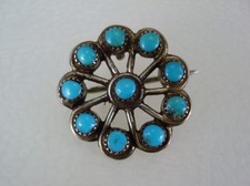 VINTAGE ZUNI STERLING SILVER & SNAKE-EYE TURQUOISE CLUSTER PIN NECKLACE PENDANT picture
