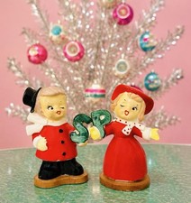 Vintage Christmas Ucagco Winking Girl & Boy Salt & Pepper Shakers MCM Japan picture