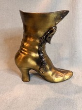 Vintage Solid Brass Victorian Lady's Boot Shoe Vase Planter Distressed Heavy picture