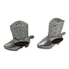 Vintage Tiny  Metal Cowboy Boot Salt And Pepper Shakers Nassau Collectible Set picture