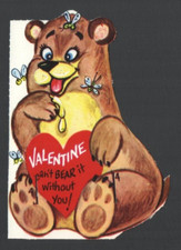 Vintage UnUsed Valentine Card Brown Bear & Bees Valentine Can't Bear It Without picture
