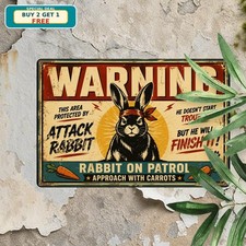 Beware of Attack Rabbit Funny Guard Bunny Animal Danger Metal Sign 8x12 picture