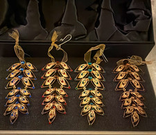 Set of 4 Vintage Gold Tone Leaf Hanging Christmas Ornaments Blue Red Green picture