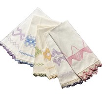 Vtg Hand-Embroidered Huck Weave Towels with Crocheted Lace Edging Set Of 6 picture