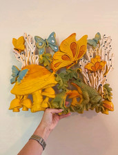 Vintage Retro 1970s Homco Mushrooms Butterflies & Frog 17×13 Decor~MCM picture
