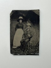 Antique Tintype Couple Man Woman Walking Cane Hat Victorian 1/6 Plate Photo picture