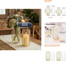 NUPTIO Gold Geometric Hurricane Glass Candle Holders, Set of 2 picture