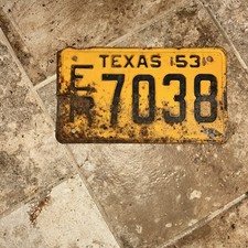 Vintage 1953 Texas License Plate ER7038 Yellow Black Tag Antique Car YOM TX 53 picture