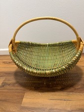 Vtg Mid Century Style Green Yellow Wicker Buttocks Basket Melon Egg Garden Trug picture