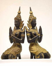 Vintage Thai Teppanom Praying Angel Statues Pair Asian Zen Home Decor 10.5