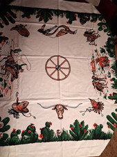 VTG 1950s MCM COUNTRY WESTERN TABLECLOTH HORSE COWBOY BULL BRONCO Hand Print picture