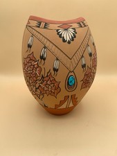 Vintage Signed Clemente Toledo Hand Painted Vase with Embedded Ornate Turquoise picture