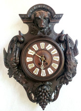 LARGE  ANTIQUE BLACK FOREST CARVED WOOD DOG HUNTING CABIN WALL CLOCK 27 X 19 IN picture