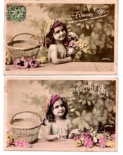 RPPC 2 Hand Tinted Greetings Girl Flowers Basket Cap Studio Pose P.U.(181A) picture