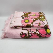 Vtg Cannon Royal Family Pink Roses Floral Fringe Bath Towel Set All Cotton USA picture