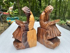Vintage Hand Carved Hard Wood Old Monks Reading Bookends picture