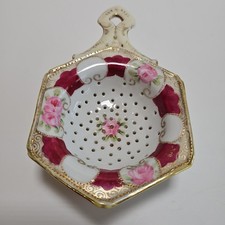 Antique Nippon Hand Painted Porcelain Tea Strainer Maple Leaf Mark 1891-1911 picture