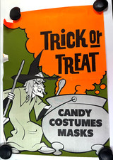 vtg 70s 80s Halloween Store Display Sign Candy Costumes Masks WITCH picture