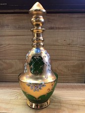 Vtg Czech Bohemian Decanter Green Glass With Gold And Hand Painted Flowers picture