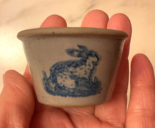 vintage mini crock, salt glazed with rabbit in blue picture