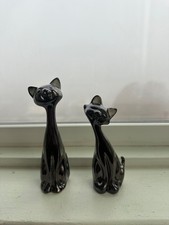 MCM Long Neck Ceramic Black Siamese Cat Figurine Pair 5” tall picture