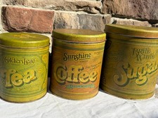 Vintage 1970s Ballonoff Canister Set of 3 Sugar Coffee Tea Green Metal Tins USA picture